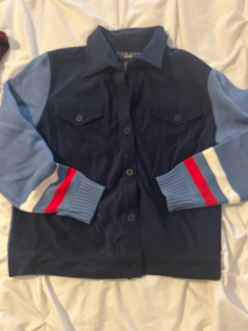 Men's Navy and Light Blue Button-Front Cardigan with Red Stripe